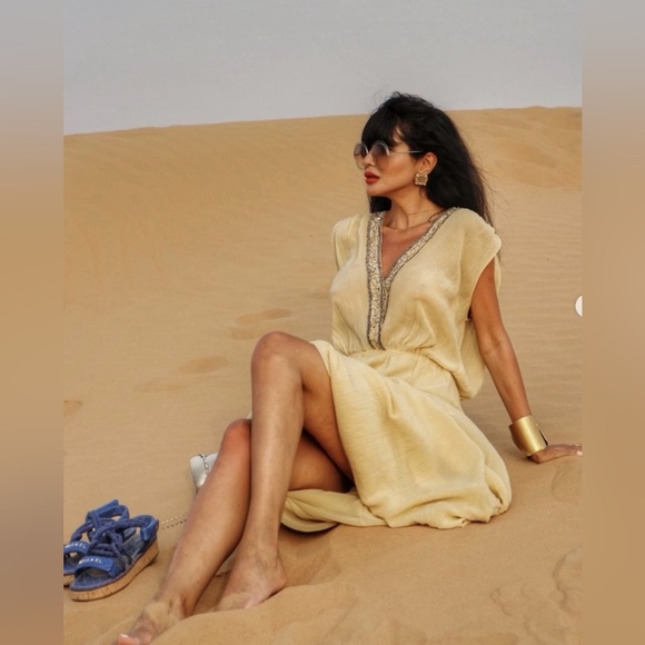 Zara dress maxi flowy butter yellow beaded embroidered boho summer vacation - Picture 6 of 16